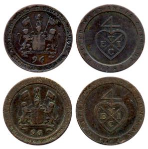 Copper (2), 1/96 Rupee, 1794 and 1797, Very Fine, Scarce. (2)