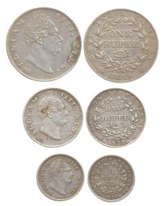 William IV, Silver (3), Set of 3: Rupee, ½ and ¼ Rupee, Calcutta Mint, 1835. About Very Fi