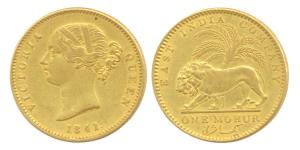 Victoria Queen, Gold, Mohur, 1841, Divided Legend, initials WW incused on truncation. Very