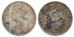 Victoria Queen, Silver, Dot Rupee, 1862, Bust A, Rev. II, 1 dot on top flower and 10 dots 