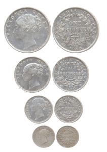 Victoria Queen, Silver (4), Set of 4: Rupee, 1/2, ¼ Rupee and 2 Annas, 1840. Very Fine to 