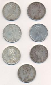 Victoria Empress, Silver (7), Rupee, 1876, 1879, 1885, 1888, 1890,1892 and 1900. Very Fine