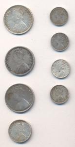 Victoria, Silver (8), ½ Rupee, 1862 (2), 1887; ¼ Rupee, 1890; 2 Annas, 1862, 1901. Very Fi