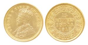 George V, Gold, 15 Rupees, 1918, Bombay Mint. A small scratch on the cheek otherwise Extre
