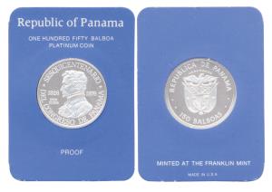 Panama, Platinum, 9.3 g, Proof, 150 Balboas, Franklin Mint, 1976.Issued in limited edition