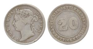 Straights Settlements, Silver, Victoria, 20 Cents, 1896. About Very Fine.