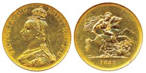 United Kingdom, Victoria, Gold, 40 g, 5 Pounds, 1887. About Extremely Fine, Rare in this c