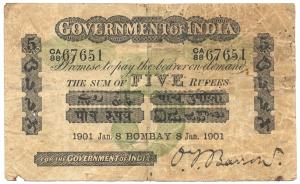 Government of India, Rupees 5, green under print, Bombay circle, signed O. T. Barrow, 8th 