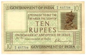George V, Rupees 10, 1st issue, 1925, signed H. Denning, (Jhun #6B.1). Very Fine.