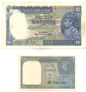 George VI, Rupees 10 and 1, 1st issue, 1938 and 1944, signed J. B. Taylor and C. E. Jones,