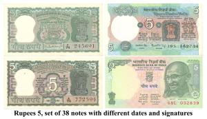 Rupees 5, set of 38 notes with different dates and signatures, (Jhun #3.1.1 – 3.10.3). Ver
