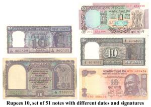 Rupees 10, set of 51 notes with different dates and signatures, (Jhun #4.1.1 – 4.12.2). Un
