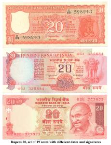 Rupees 20, set of 19 notes with different dates and signatures, (Jhun #5.1.1 – 5.3.2). Fin