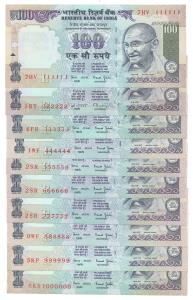 Rupees 100, set of 10 fancy numbers, 111111 – 999999 and 1000000. Uncirculated.