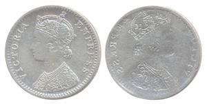 Victoria, Silver, ¼ Rupee, obverse brockage. With the lakhi impression the portrait of the