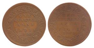 Edward, Copper, ¼ Anna, 1908, reverse brockage. Complete lakhi impression, Very Fine.