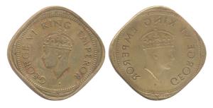 George VI, Nickel-Brass, 2 Annas, obverse brockage. Nice deep and complete lakhi impressio