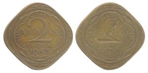 George VI, Nickel-Brass, 2 Annas, 1943, reverse brockage. Nice deep and complete lakhi imp