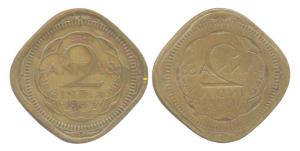 George VI, Brass, 2 Annas, 1945, reverse brockage. Complete lakhi impression within comple