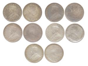 George V, Silver, Rupee (5), obverse brockage. Complete lakhi impressions and one slightly
