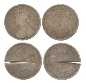 Queen Victoria and Empress, Silver, cut across the flan from the edge to the middle with '
