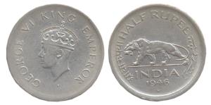 George VI, Nickel, ½ Rupee, 1946, plain edge rather than milled edge hence marginally bigg