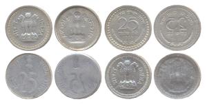 Copper-Nickel and Stainless steel, 25 paisa, 1957-1963, 1965 and 1994, 2 obverse and 2 rev