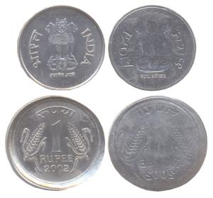 Stainless steel, Rupee, 2002, obverse and reverse brockages. First larger flan than usual,