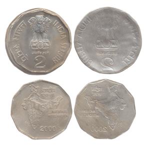 Copper-Nickel, Rupees 2, 2000, obverse and reverse brockages. Larger flan than usual. Nice