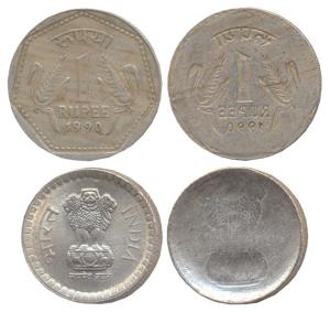 Copper-Nickel, Rupees 5 and 1, obverse and reverse brockages. With the lakhi impression th