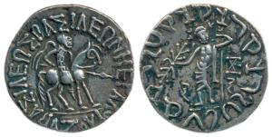Indo-Scythians, Azes, Silver, Tetradrachm, king mounted on a horse to right on obv, Zeus w
