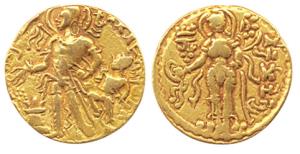 Guptas, Chandragupta II, Gold, Dinar, Chhatra type, an attendant holding a Royal Umbrella 