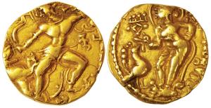 Guptas, Kumaragupta I, Gold, Dinar, Tiger-Slayer type, the king killing a tiger to the lef