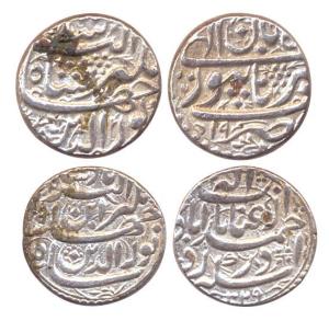 Jahangir, Silver (2), Rupee, Ahmedabad Mint, Inayat type;Burhanpur Mint, nur-ud-din type. 