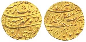 Aurangzeb, Gold, Mohur, Akbarabad, Mustaqir-ul-Khilafat Mint,RY 8. Nice Broad flan, Very F