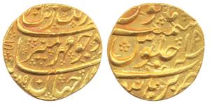 Aurangzeb, Gold, Mohur, Burhanpur Mint, AH 1085/19, with retrograde 9 in RY date. Extremel
