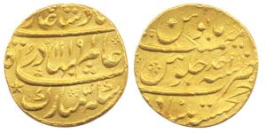Shah Alam I, Gold, Mohur, Khujista Bunyad Mint, AH1119/Ahad. Broad flan, About Extremely F