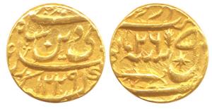 Brijis Qadr (AD 1857-58), Gold, Ashrafi, Suba Awadh Mint, AH1229/26 (KM 390). Brijis was a
