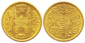 Mir Usman Ali Khan, Gold, Ashrafi, AH 1354/25, Char Minar on obv, milled (KM 57a). About U