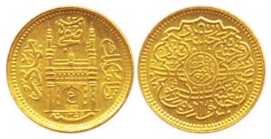 Mir Usman Ali Khan, Gold, ¼ Ashrafi, AH 1354/25, Char Minar on obv, milled (KM 55). About 