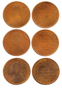 Copper (3), ¼ Anna, Bikaner State, 1895; Dewas Senior Branch,1888; and Dhar, 1887. About V