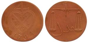 Copper, 2 Pice, Bronzed-Proof, 1794, with no dot below V on obv (Prid# 122, KM 119). Proof