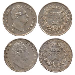 William IV, Silver (2), Rupee, 1835, Portrait A type, F Incused type;Without initials type