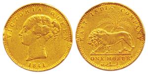 Victoria Queen, Gold, Mohur, 1841, Continuous Legend. Some dents on the edge, Fine+, Very 