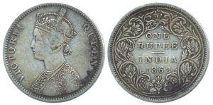 Victoria Queen, Silver, Rupee, 1862, with Crescent, obv A, rev II, 0 Dots on top and 7 Dot