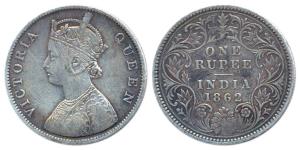 Victoria Queen, Silver, Rupee, 1862, with Round Pearls, obv B, rev III, 0 Dots on top and 