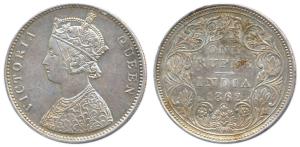 Victoria Queen, Silver, Rupee, 1862, obv A, rev II, 0 Dots on top and 10 Dots at bottom. E