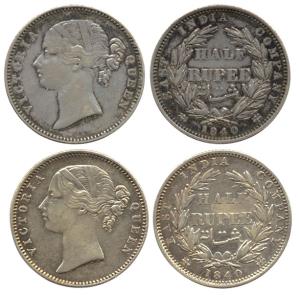Victoria Queen, Silver (2), ½ Rupee, Divided legend, 1840, with large 4; and with initials