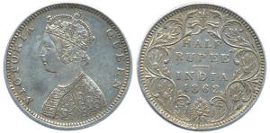 Victoria Queen, Silver, ½ Rupee, 1862, obv B2, rev II variety, 24.5 mm. Extremely Fine+, S