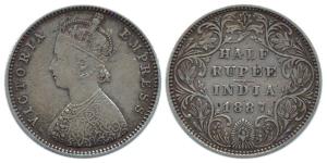 Victoria Empress, Silver, ½ Rupee, 1887, obv A, rev II; B raised variety. About Very Fine,